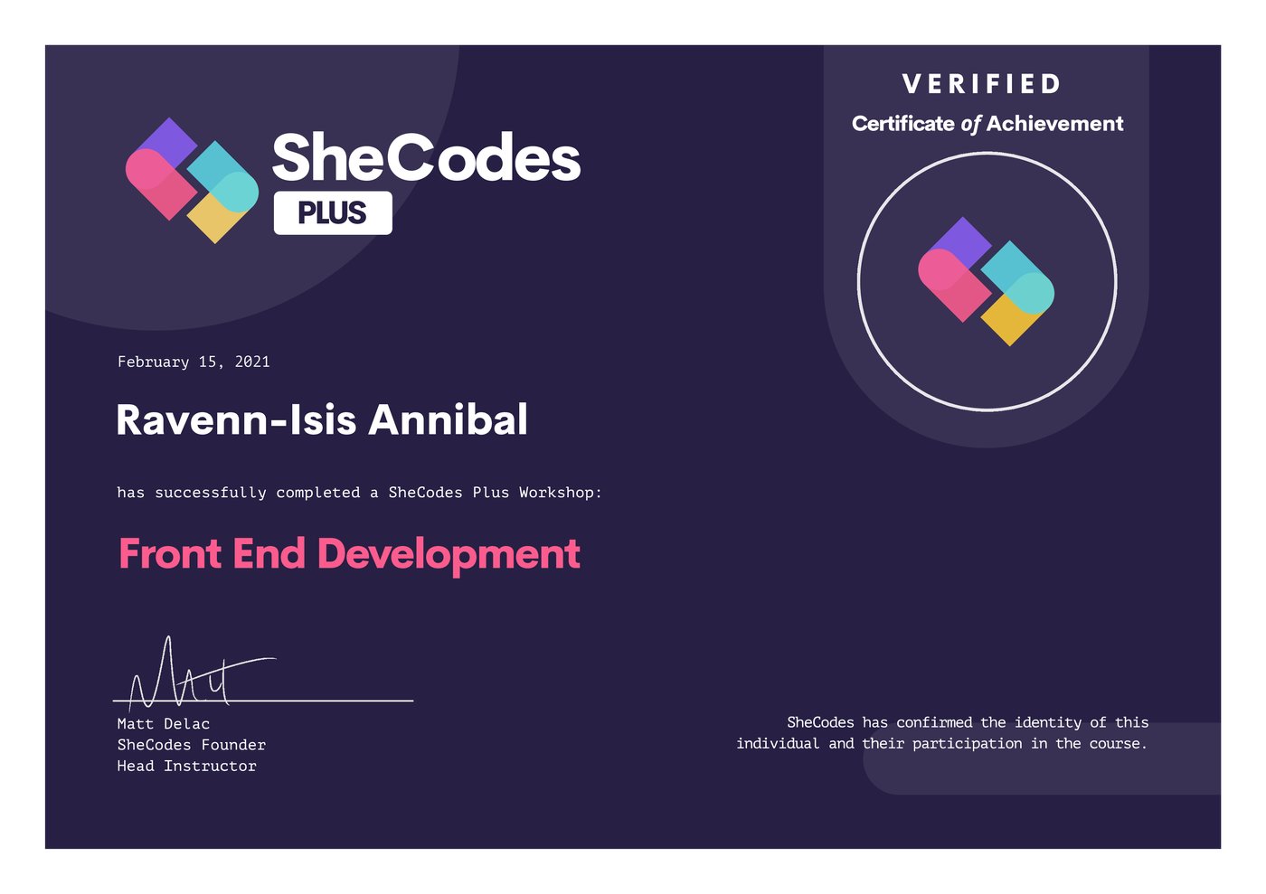 SheCodes Front End Development certificate