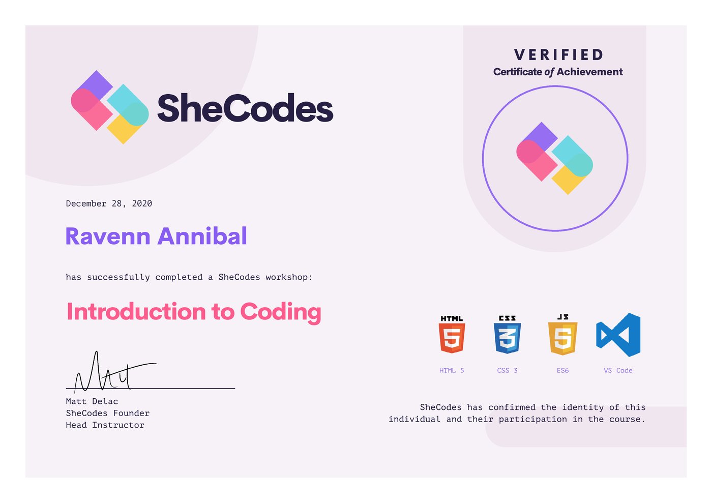 SheCodes Introduction to Coding certificate