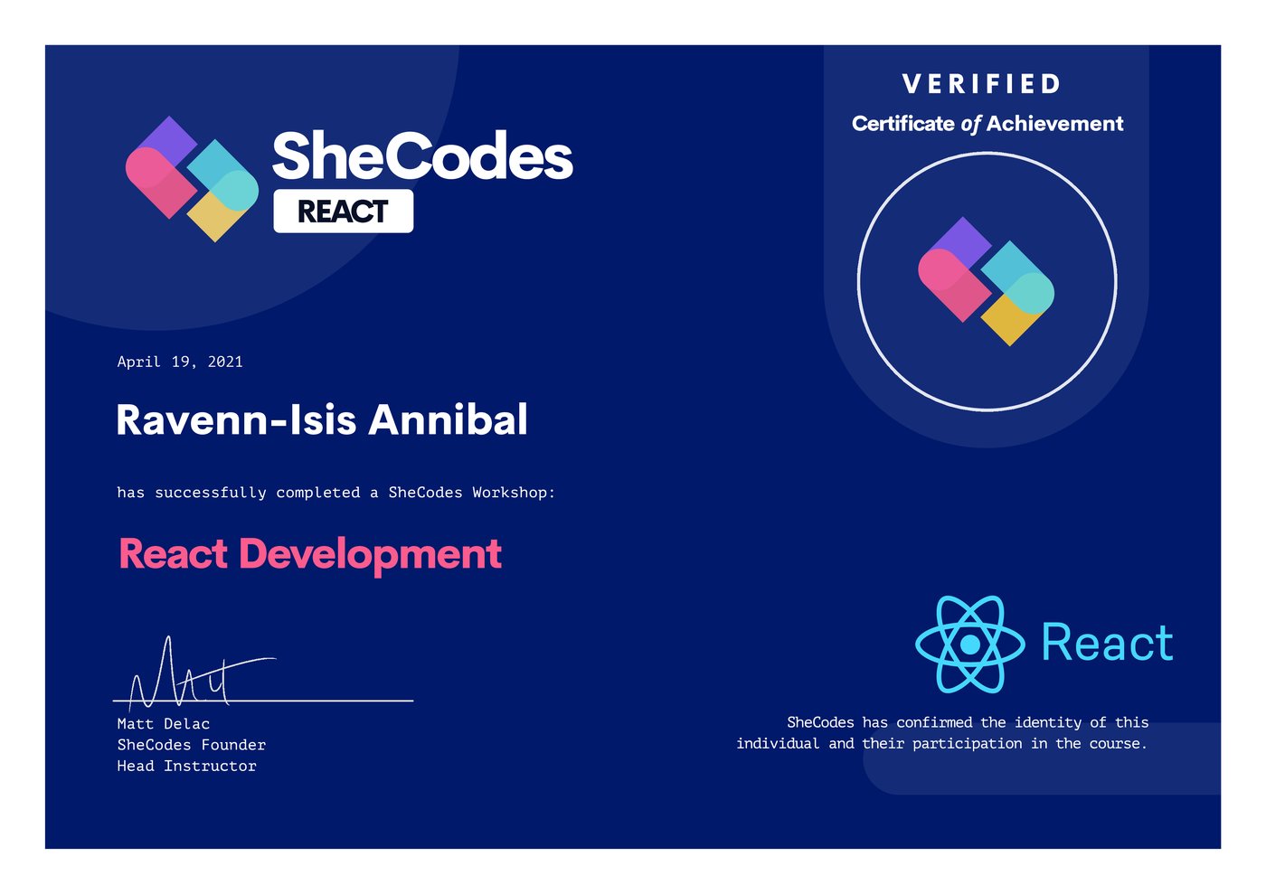SheCodes React Development certificate