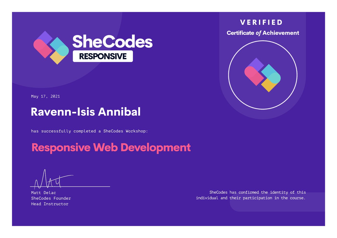 SheCodes Responsive Web Development certificate