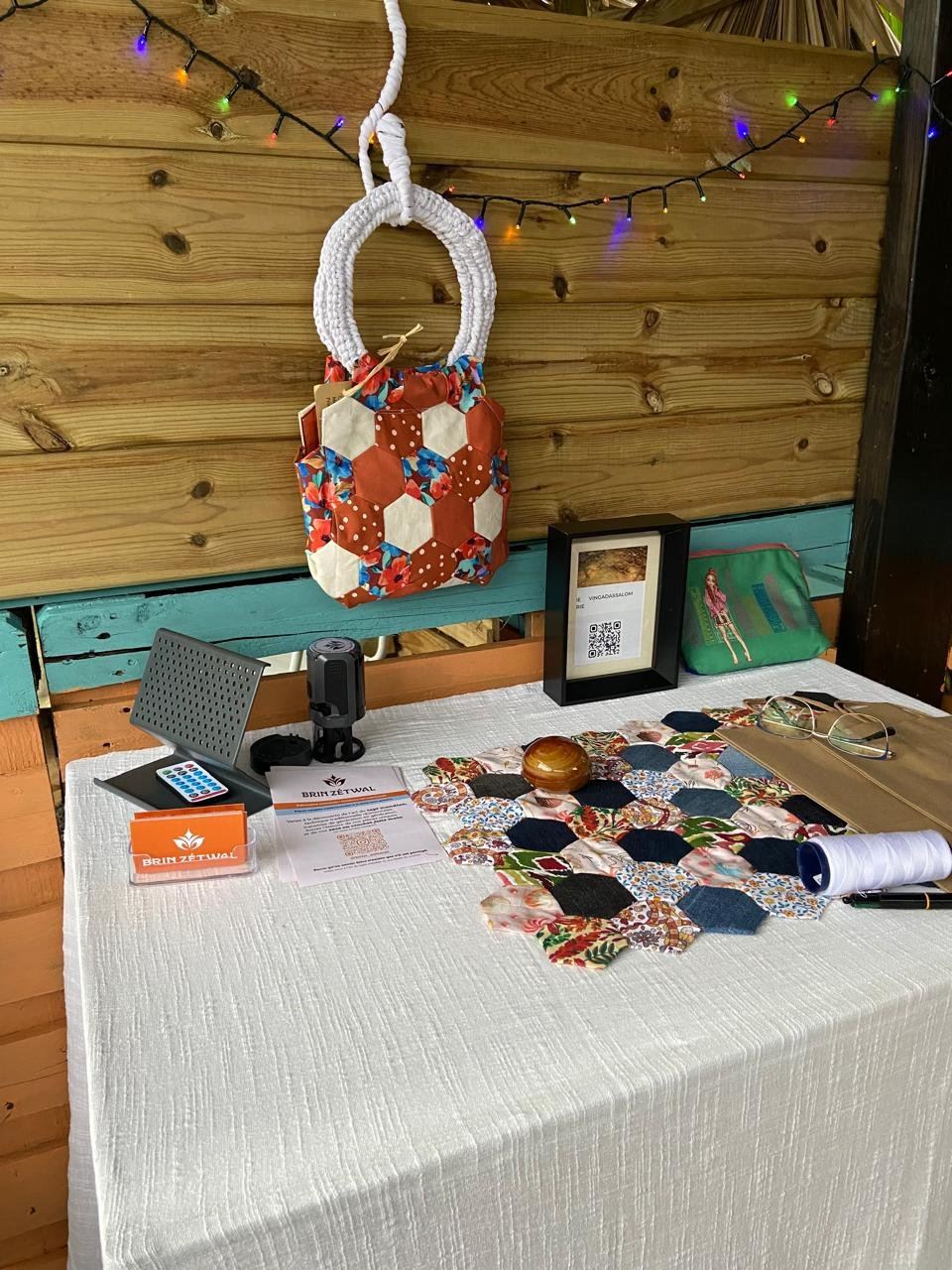 Handmade textile bags and crafts on display